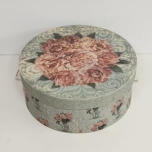 Floral Round Sewing Box Teal Pink Roses Hat Box Style Victorian Storage Case 12"
